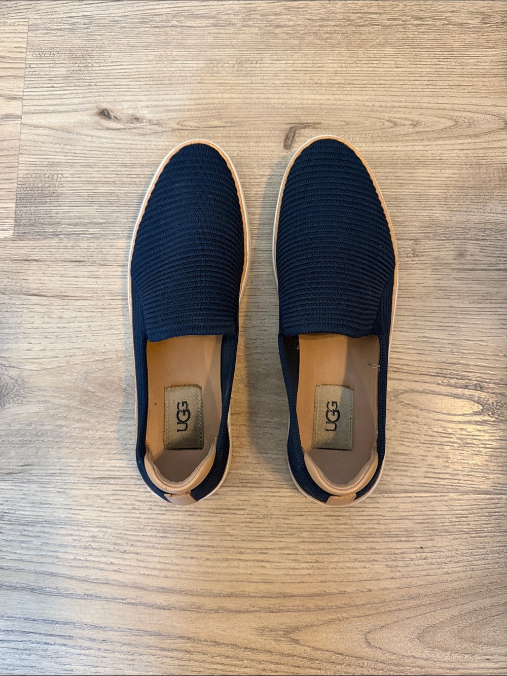 UGG Women’s Slip-On Knit Loafers in Navy and Tan